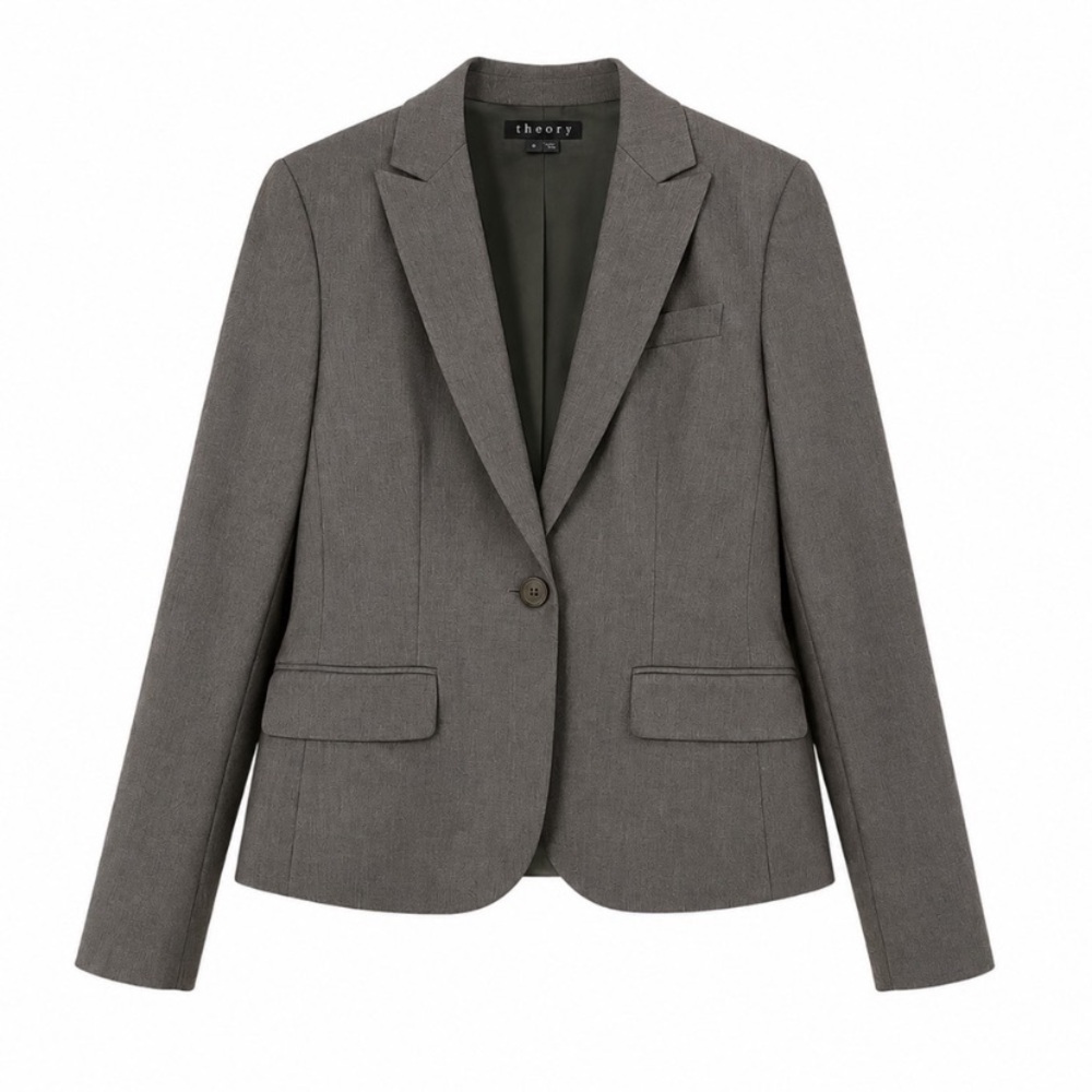 Theory Gray Wool Blend Tailored One Button Career
Blazer Jacket Sz 8 Minimalist